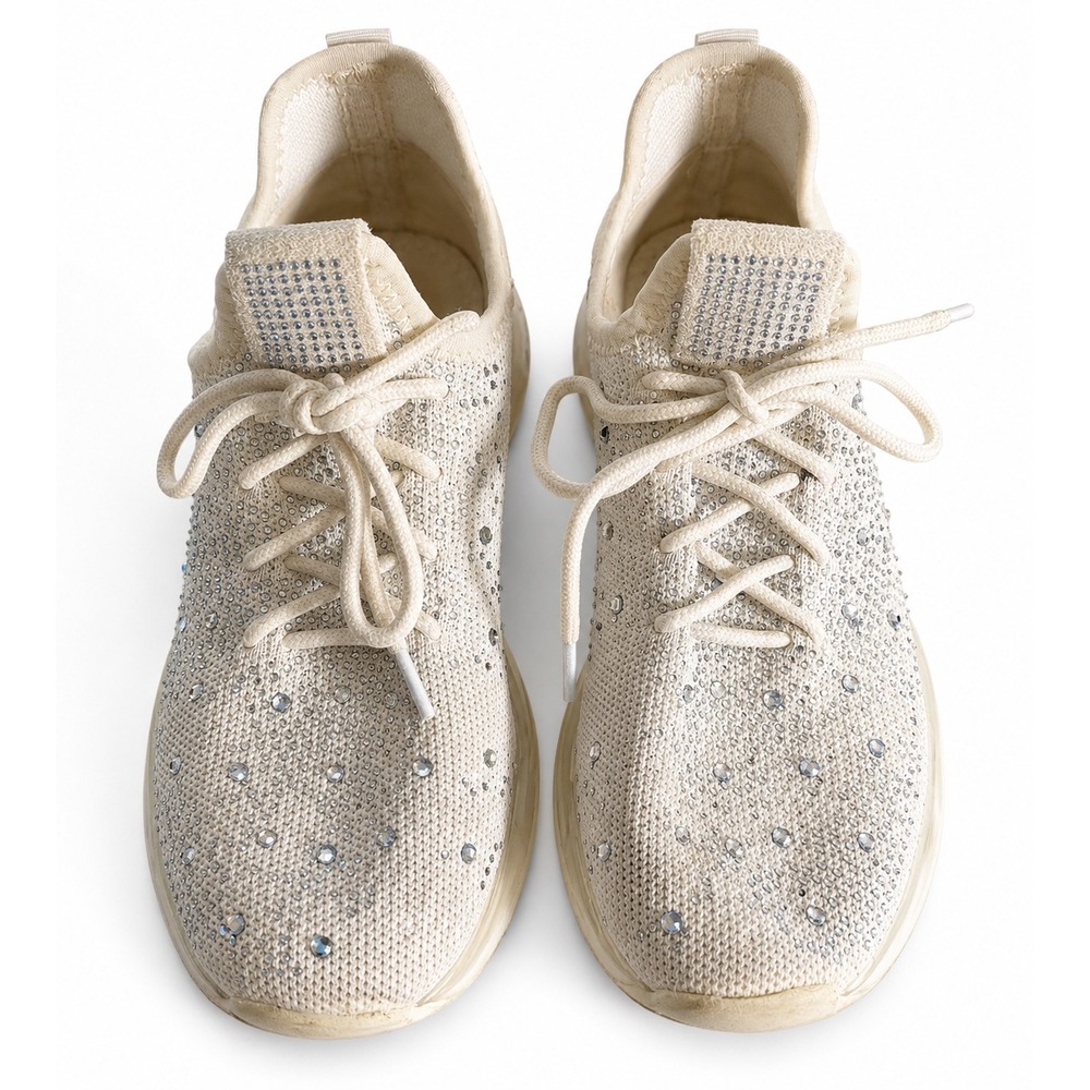Link Girls White Rhinestone Knit Lace Up Sneakers Shoes Size 3 Kids
